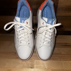 Cole Haan White Leather Sneakers with Blue Lining and Orange Heel